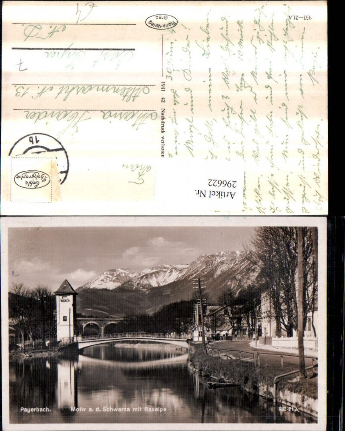 296622,Payerbach Motiv an d. Schwarza Brücke Turm m. Raxalpe Bergkulisse