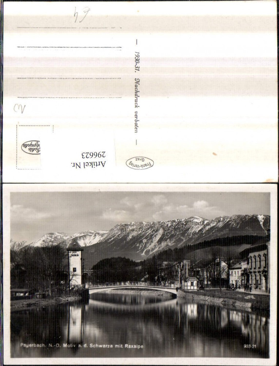 296623,Payerbach Motiv an d. Schwarza Brücke Turm m. Raxalpe Bergkulisse