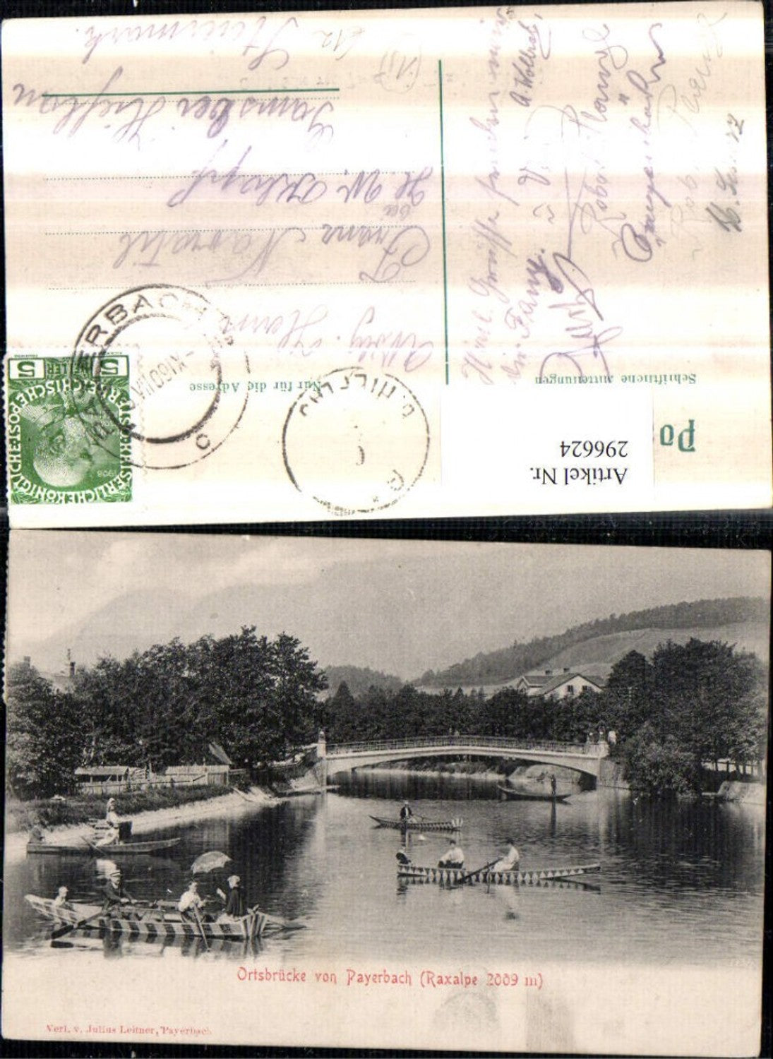 296624,Payerbach Ortsbrücke Brücke Ruderboot m. Raxalpe