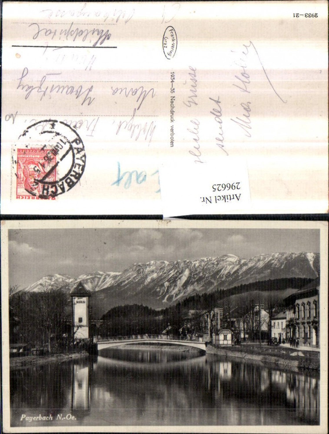 296625,Payerbach Motiv an d. Schwarza Brücke Turm m. Raxalpe Bergkulisse
