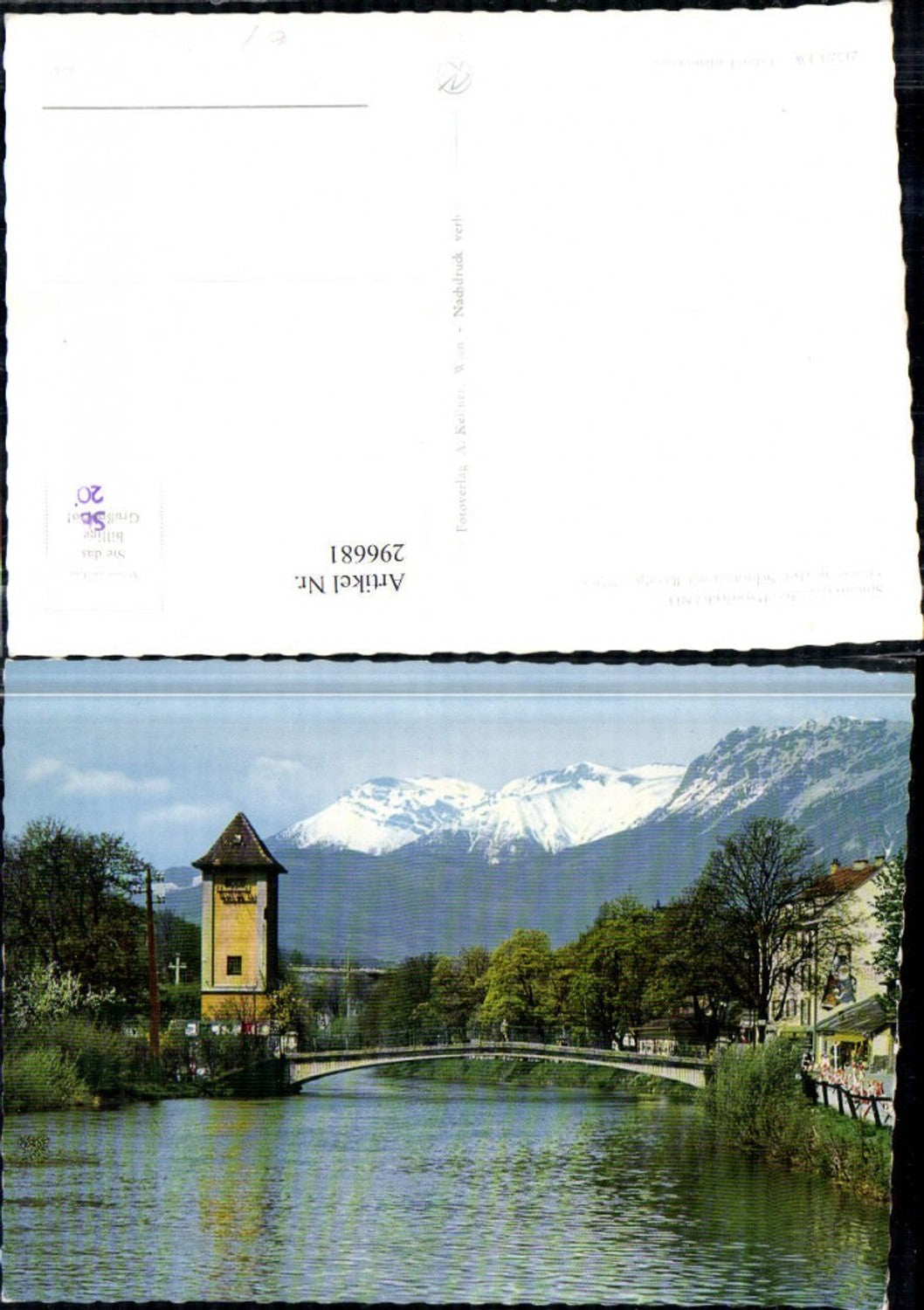 296681,Payerbach Motiv an d. Schwarza Brücke Turm m. Raxalpe Bergkulisse