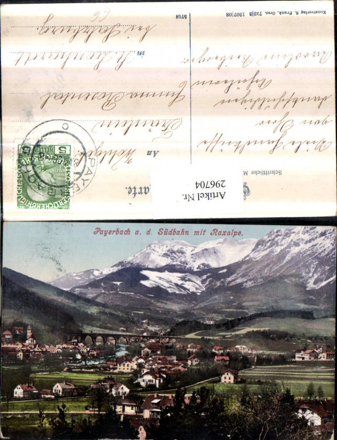 296704,Payerbach an d. Südbahn Totale m. Viadukt geg. Raxalpe Bergkulisse