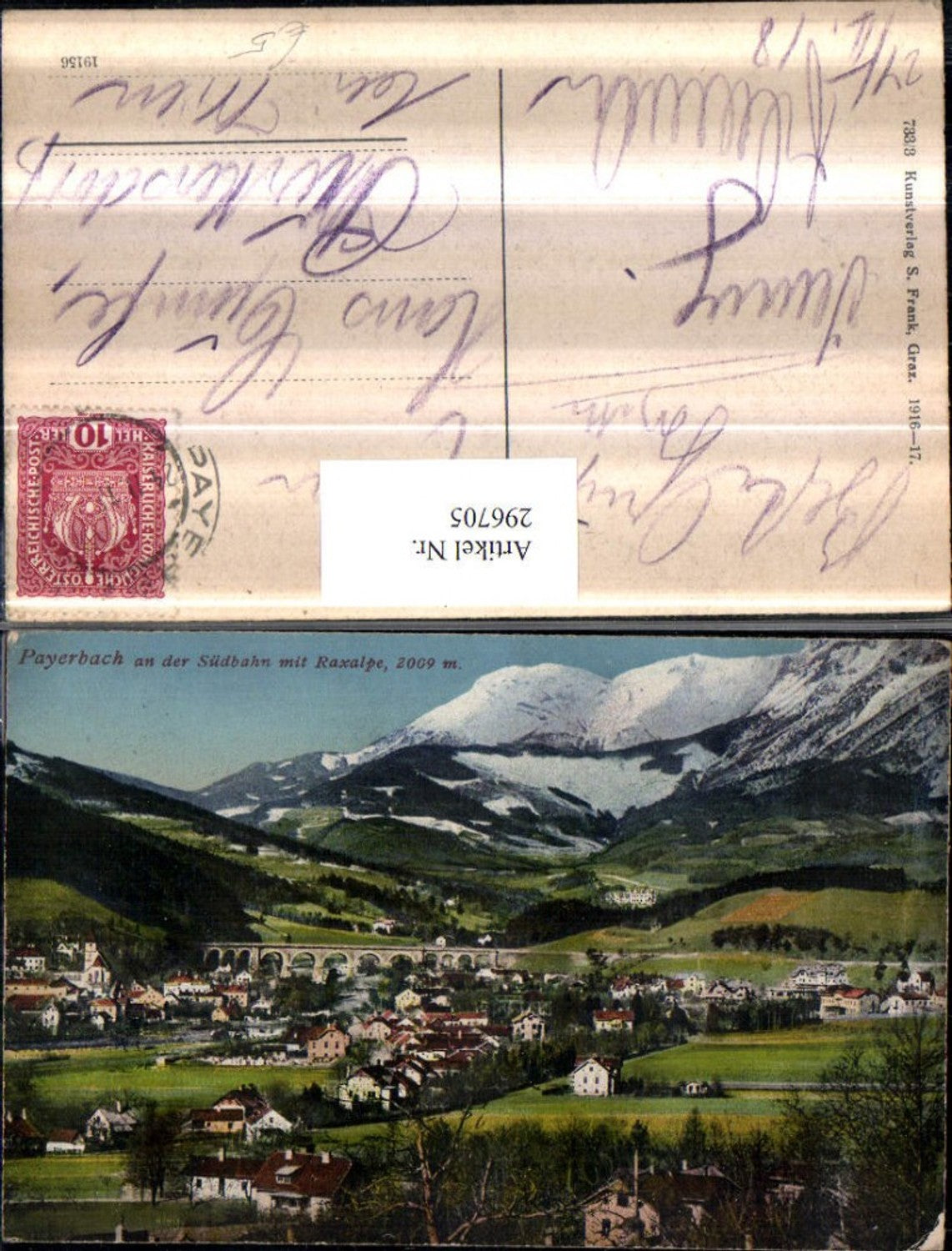 296705,Payerbach an d. Südbahn Totale m. Viadukt geg. Raxalpe Bergkulisse