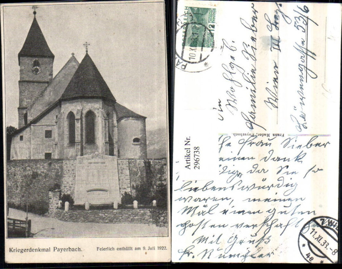 296738, Payerbach Church with war memorial