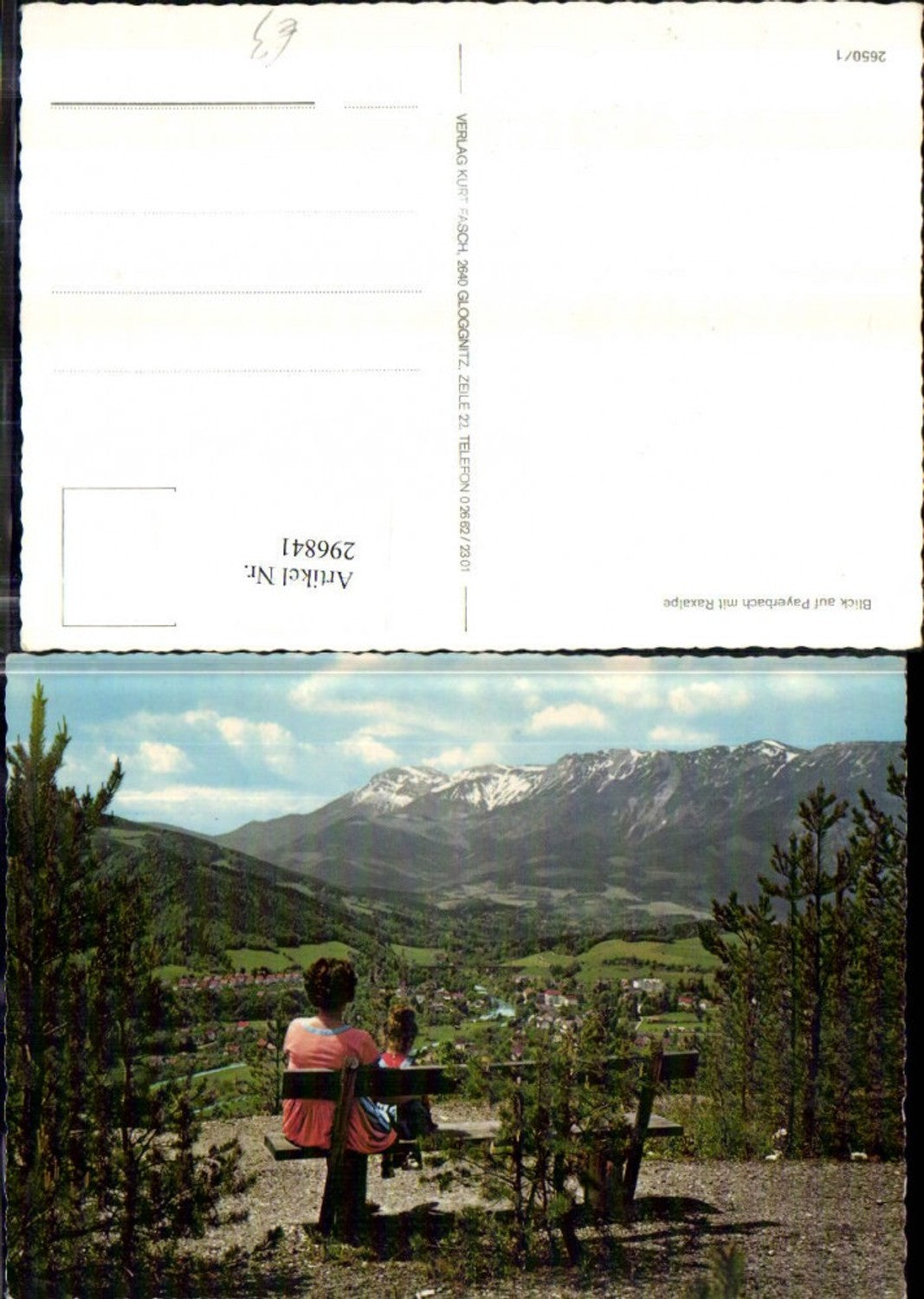 296841,Blick auf Payerbach Totale m. Rax Bergkulisse Frau m. Kind Bank