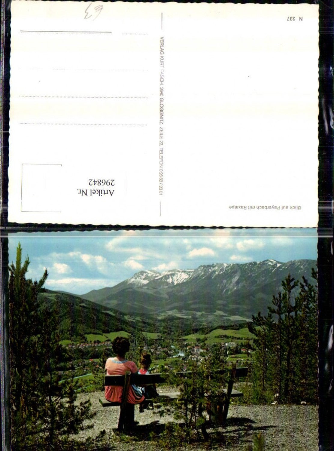 296842,Blick auf Payerbach Totale m. Rax Bergkulisse Frau m. Kind Bank