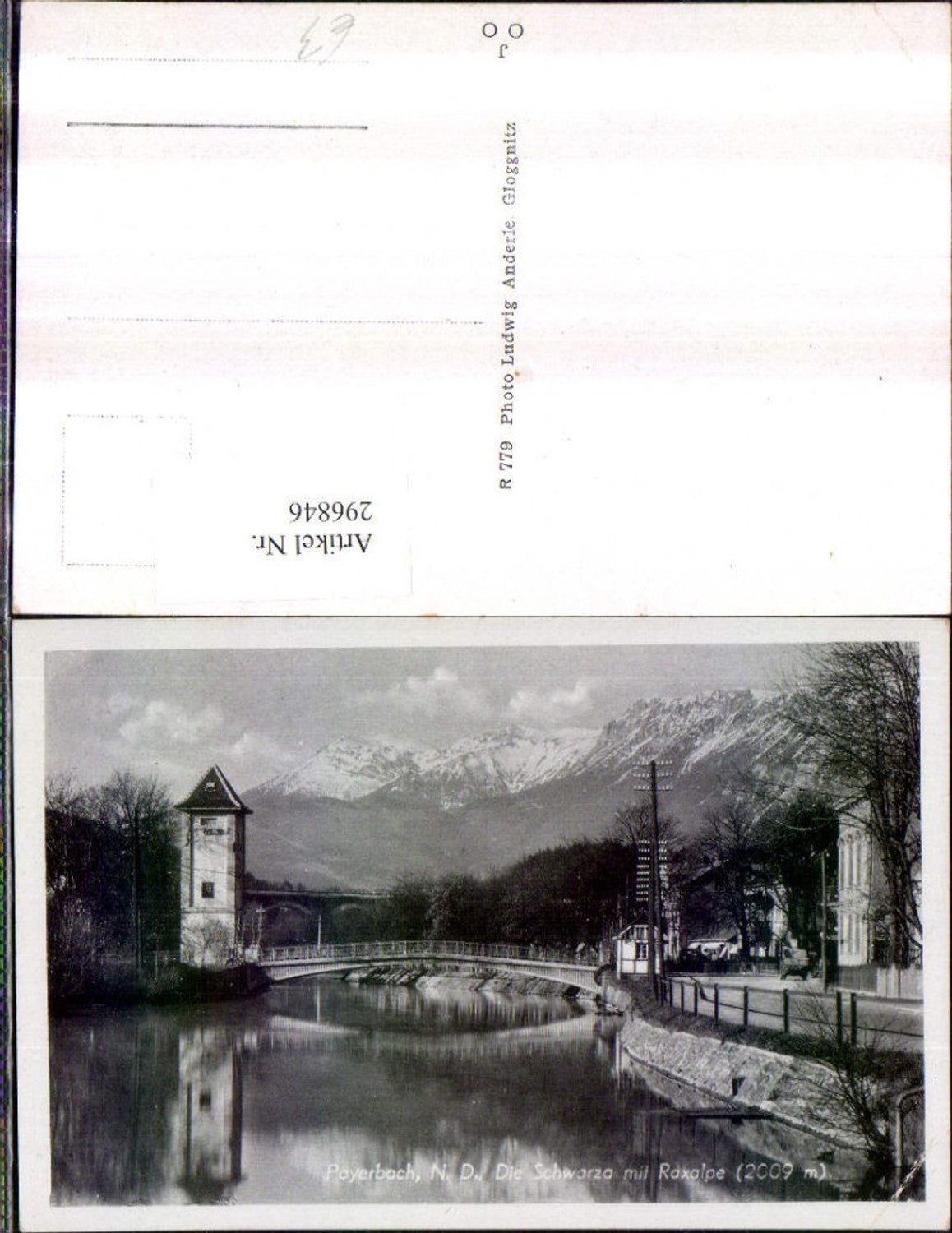 296846,Payerbach Schwarza Brücke Turm m. Raxalpe Bergkulisse