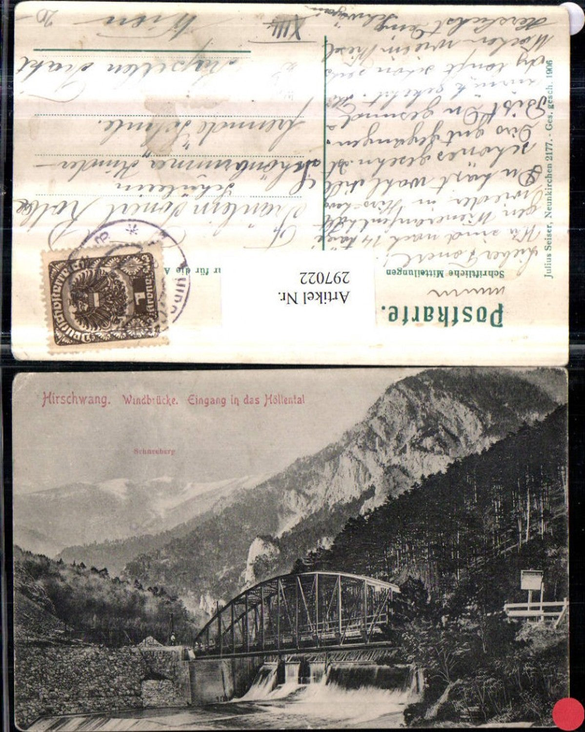 297022,Hirschwang Windbrücke Brücke Wehr m. Schneeberg Bergkulisse
