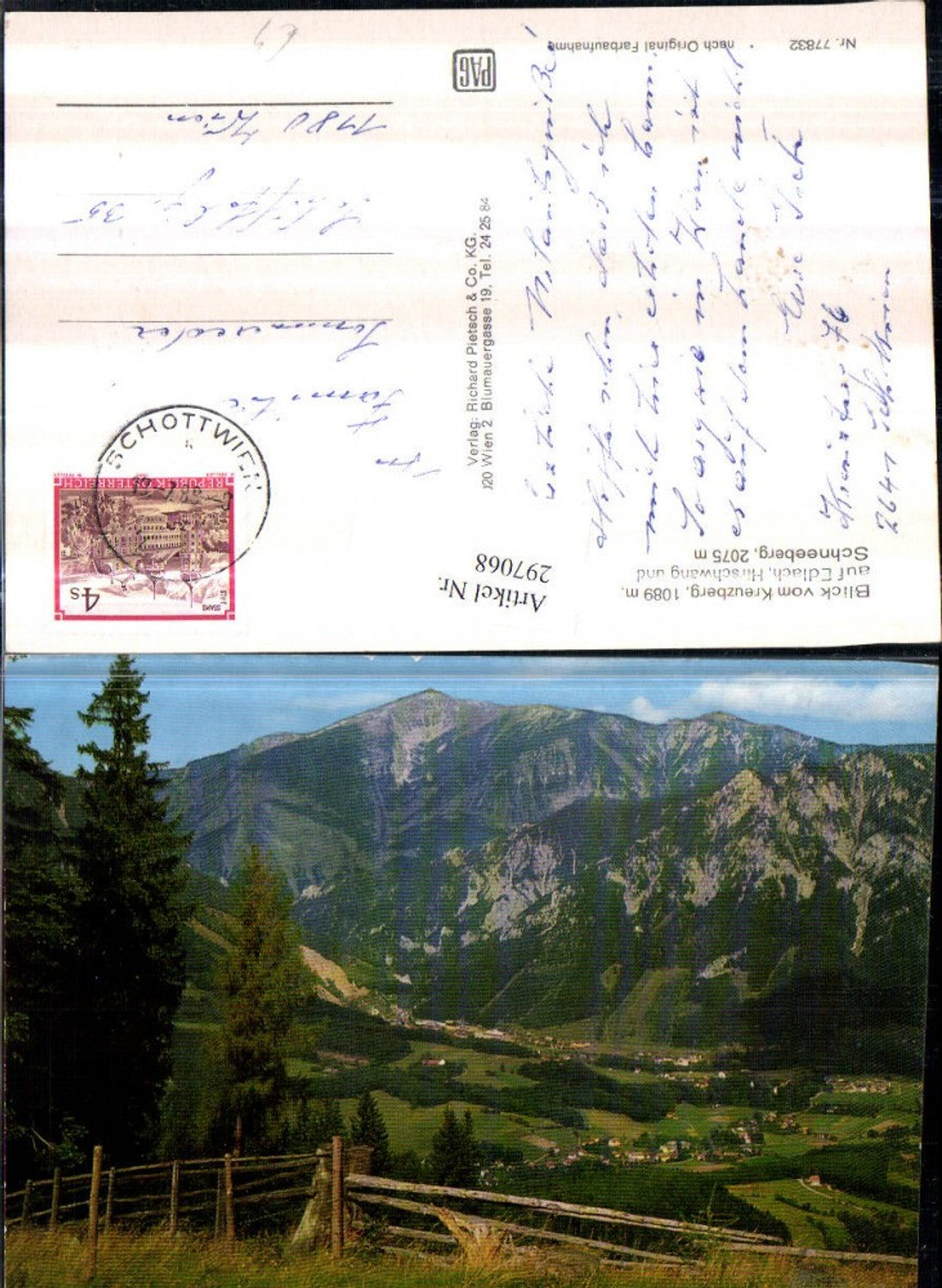 297068,Blick vom Kreuzberg auf Edlach Hirschwang Totale m. Schneeberg Bergkulisse