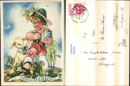 297314, Artist AK Easter Young Burb with Hat Egg Lamb Sheep Key to Heaven