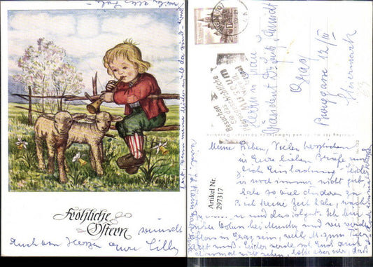 297317, Artist AK Erich Stegman Easter The Little Flute Player Boy Flute Sheep Lambs