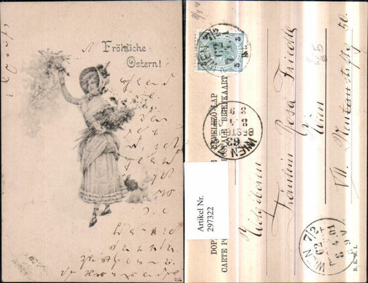 297322, Artist AK Easter Woman with hat Hat fashion Dress Bouquet of flowers Rabbits pub Brothers Kohn BKWI