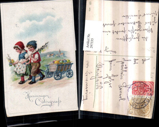 297335,Ostern Kinder m. Haube Leiterwagen Ostereier Eier Blumen Palmkätzchen pub EAS 3476