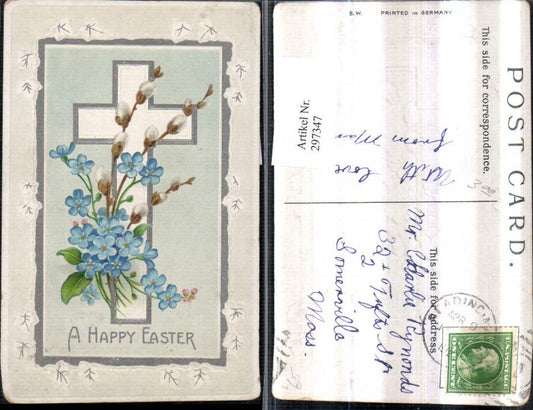 297347,Präge Litho AK Ostern Kreuz Blumen Vergissmeinnicht Palmkätzchen