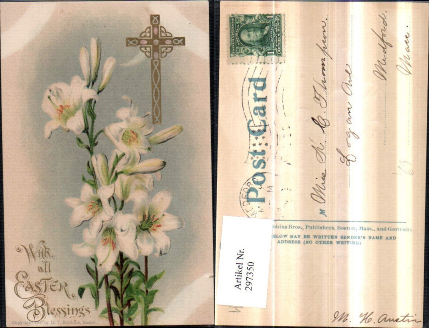 297350,Präge Litho AK Ostern Blumen Lilien Kreuz