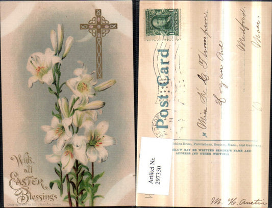 297350,Präge Litho AK Ostern Blumen Lilien Kreuz