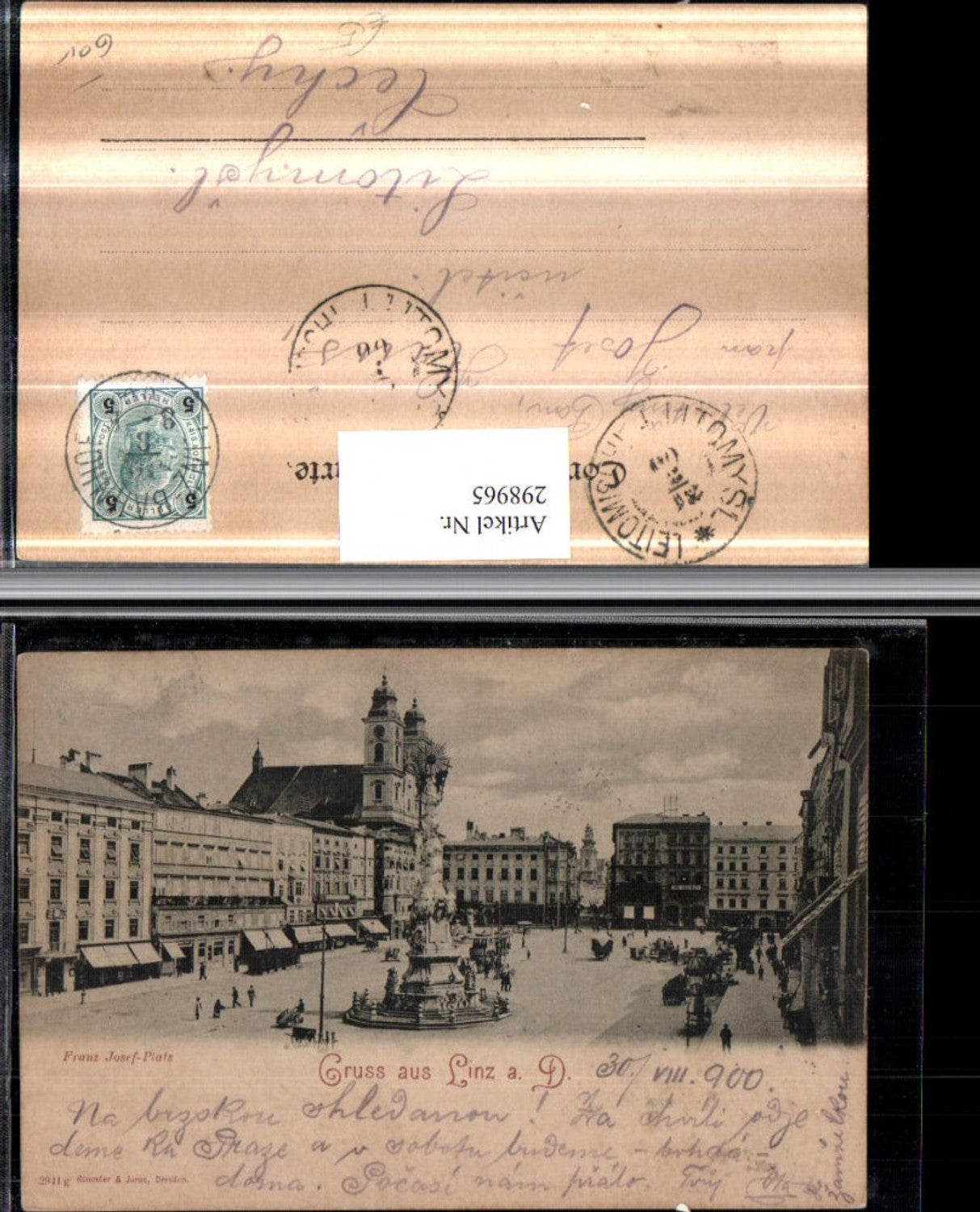 298965,Linz an d. Donau Franz Josef-Platz Pestsäule Geschäfte Kirche