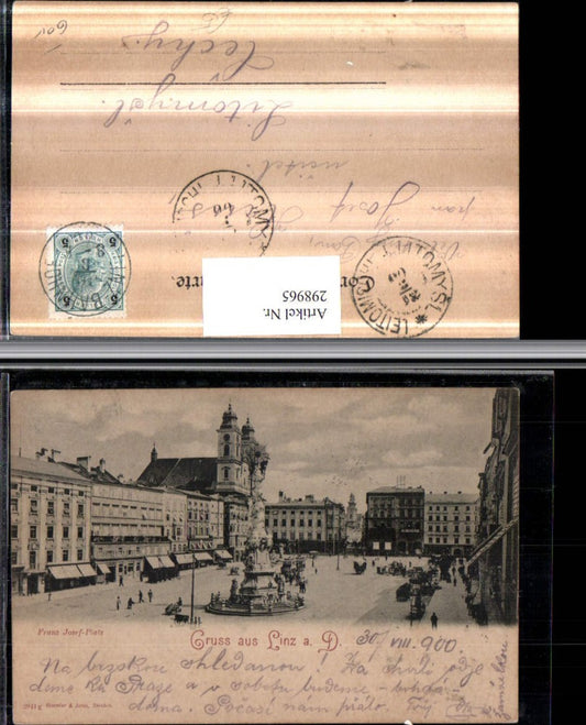 298965,Linz an d. Donau Franz Josef-Platz Pestsäule Geschäfte Kirche