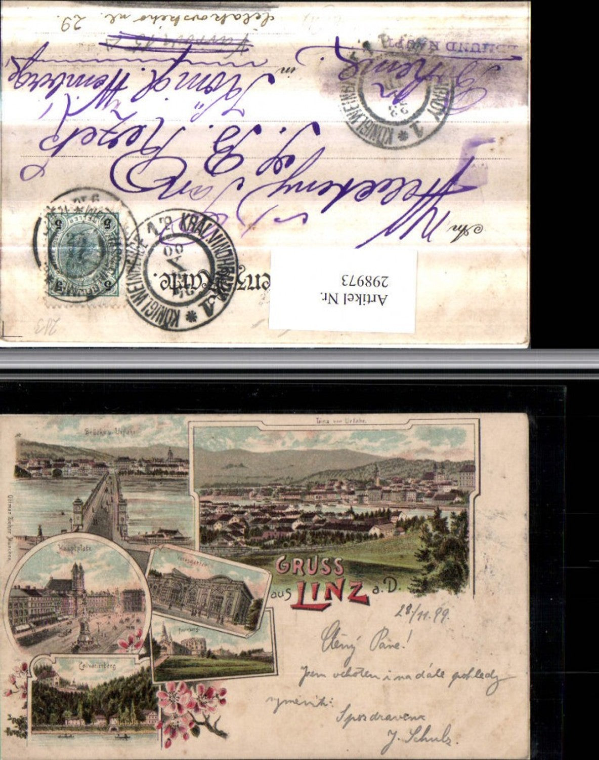 298973,Litho AK Linz an d. Donau Totale Brücke Hauptplatz Volksgarten Freinberg Mehrbildkarte