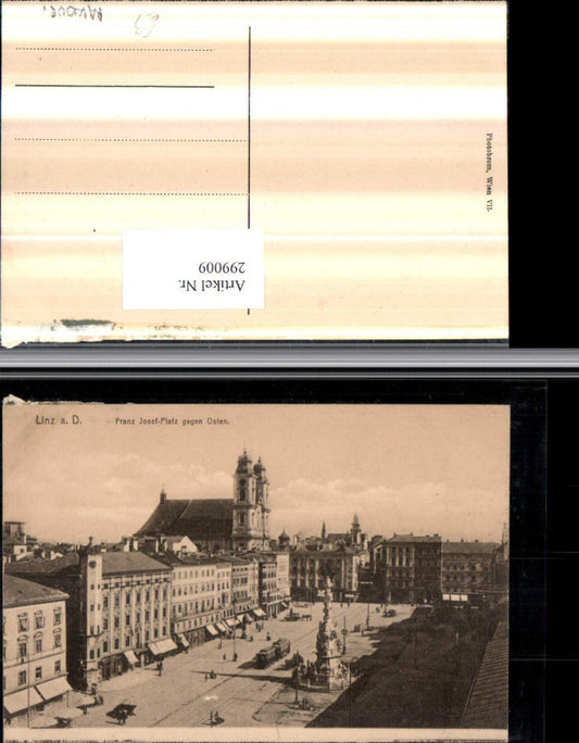 299009,Linz an d. Donau Franz Josef-Platz geg. Osten Pestsäule Geschäfte Kirche
