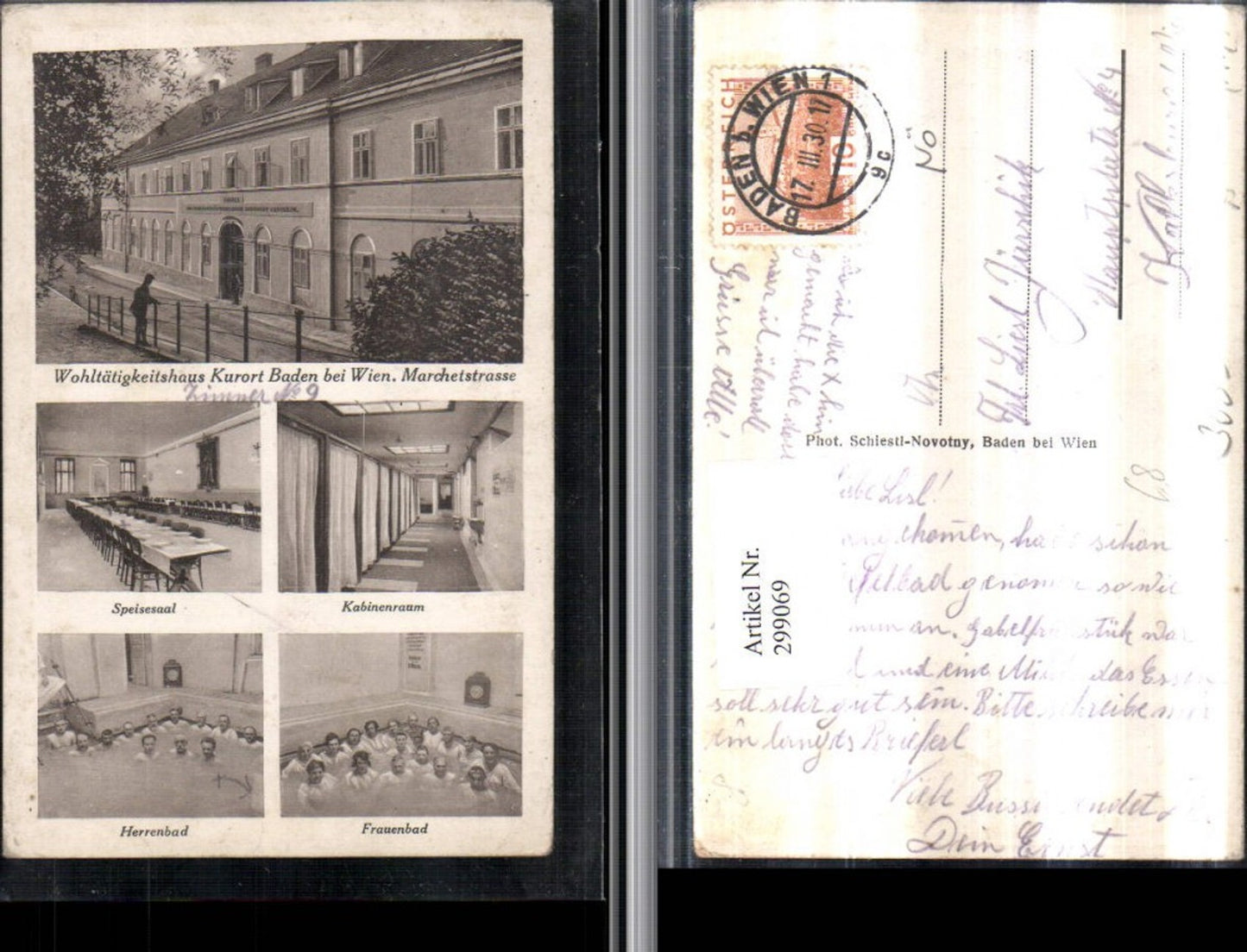 299069,Baden b. Wien Wohltätigkeitshaus Frauenbad Herrenbad Speisesaal Mehrbildkarte