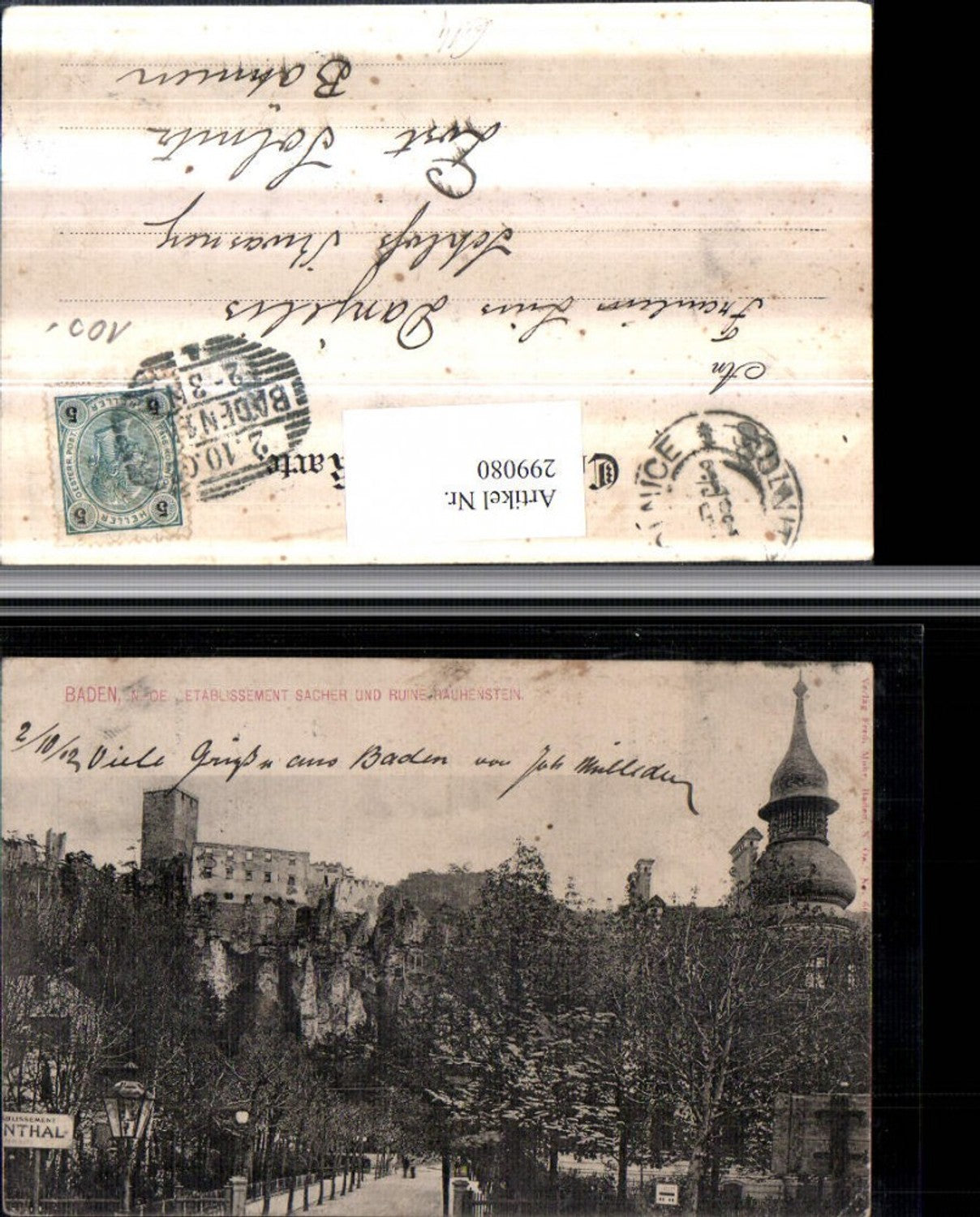 299080,Baden b. Wien Etablissement Sacher u. Ruine Rauhenstein