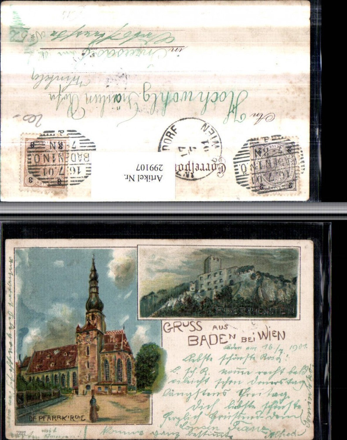 299107,Künstler Litho AK Baden b. Wien Kirche Ruine Rauhenstein Mehrbildkarte