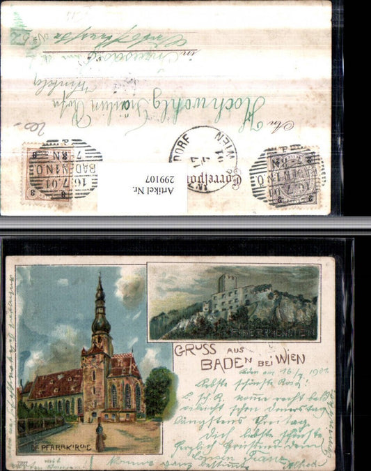 299107,Künstler Litho AK Baden b. Wien Kirche Ruine Rauhenstein Mehrbildkarte
