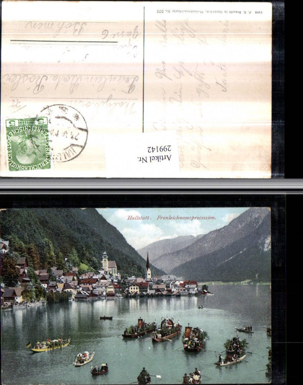 299142,Hallstatt Totale Fronleichnamsprozession geschmückte Boote pub F. E. Brandt 573