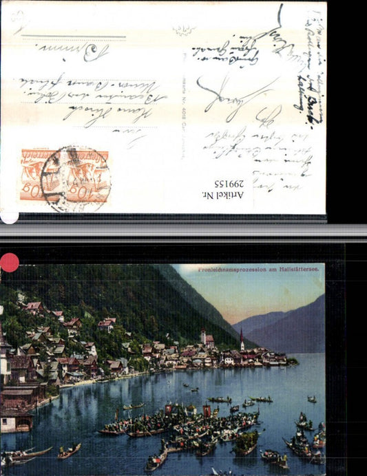 299155,Hallstatt Totale Fronleichnamsprozession am Hallstättersee geschmückte Boote