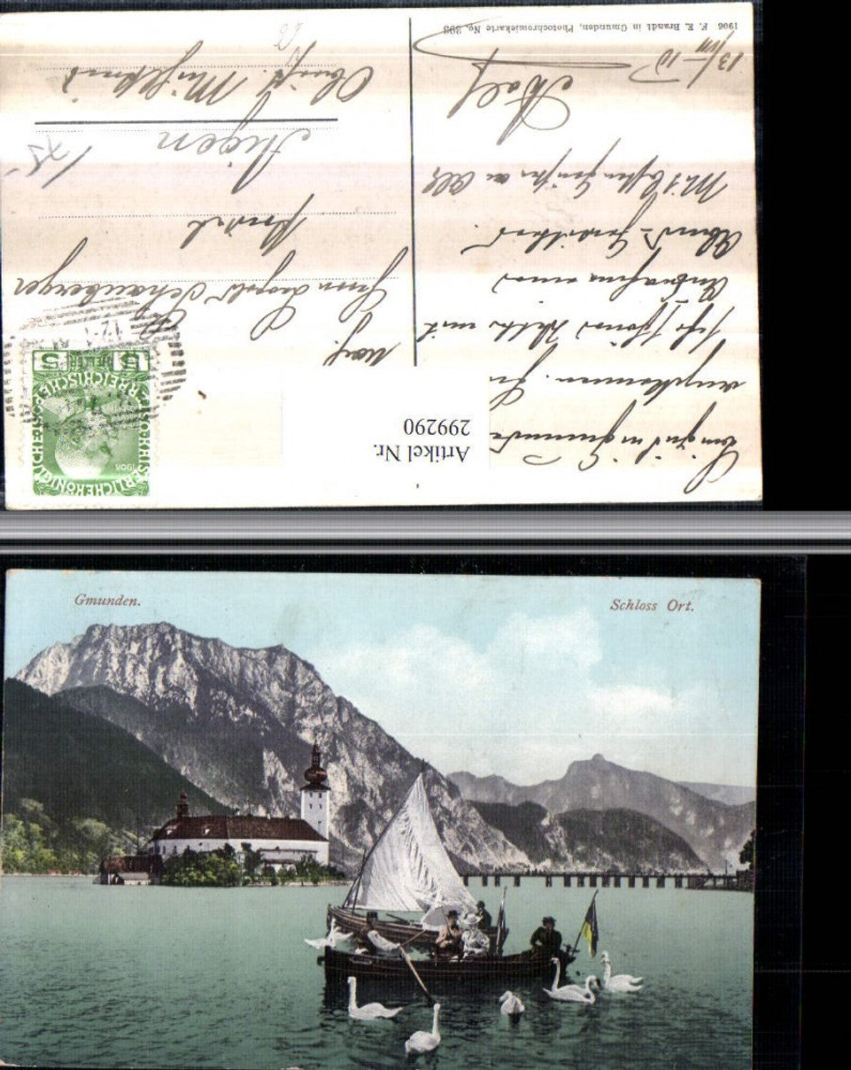 299290,Gmunden Schloss Ort Orth Segelboot Boot Schwäne Bergkulisse pub F. E. Brandt 393