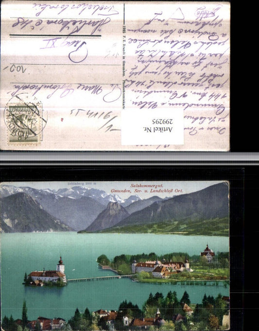 299295,Gmunden See- und Landschloss Ort Orth m. Schönberg Bergkulisse pub F. E. Brandt 1350