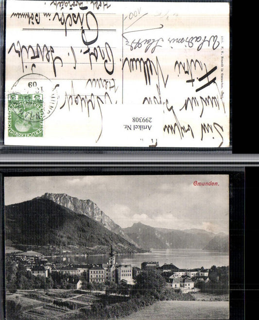 299308,Gmunden Totale Bergkulisse Bahnpost Zug 277 od. 287 pub F. E. Brandt 1503