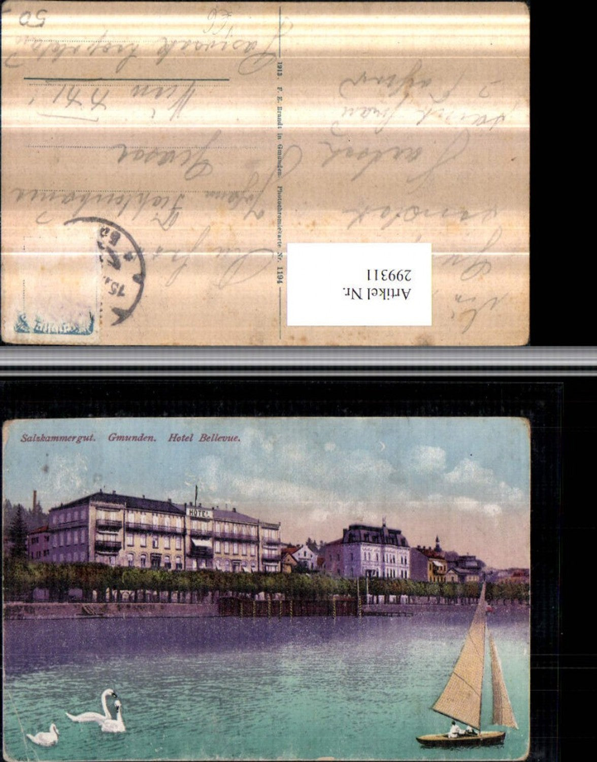 299311,Gmunden Hotel Bellevue Segelboot Schwäne pub F. E. Brandt 1194