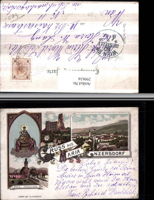 299634,Litho Gruß aus Maria Enzersdorf Totale Kirche Schloss Liechtenstein Gnadenbild Mehrbildkarte