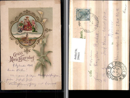 299651,Litho Gruß aus Maria Enzersdorf Kirche Gnadenbild Engel Passepartout Calla Blume
