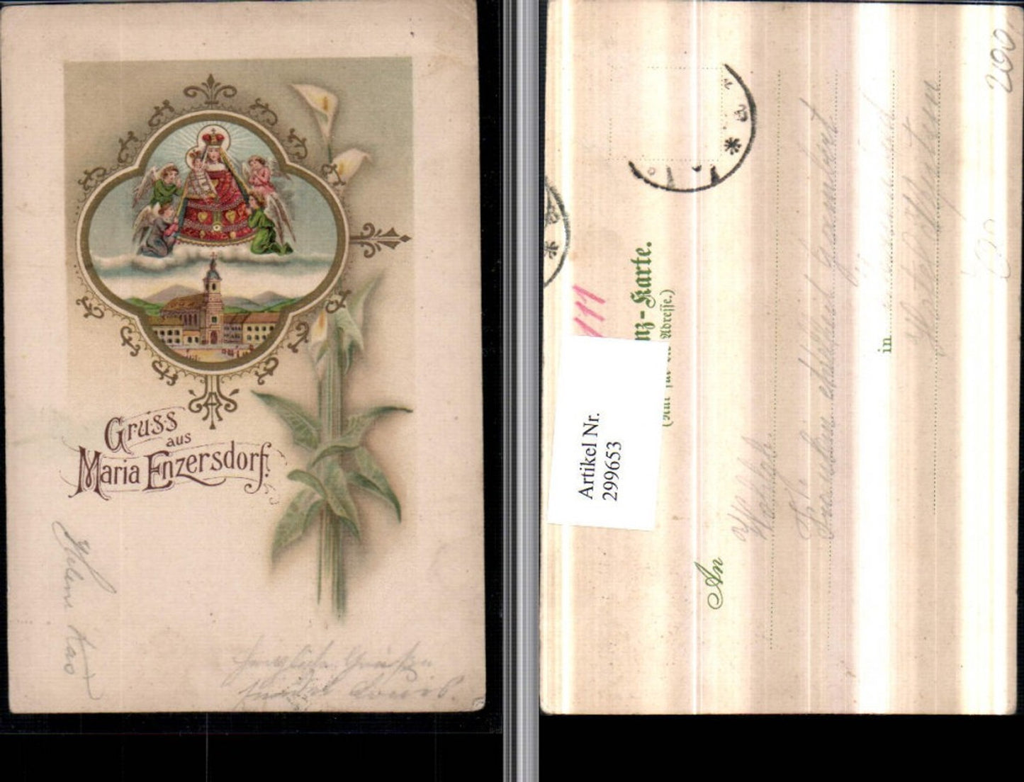 299653,Litho Gruß aus Maria Enzersdorf Kirche Gnadenbild Engel Passepartout Calla Blume