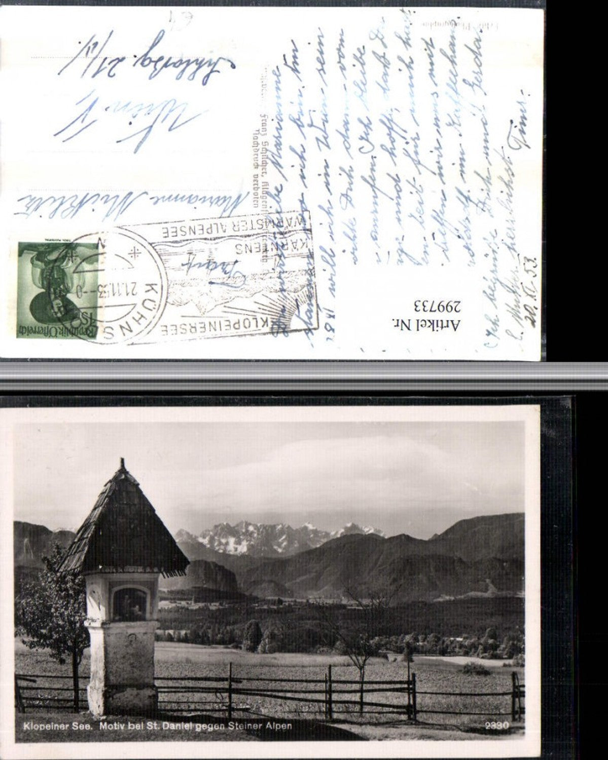 299733,Klopeinersee Bildstock b. St. Daniel geg. Steiner-Alpen Bergkulisse pub Franz Schilcher 2330