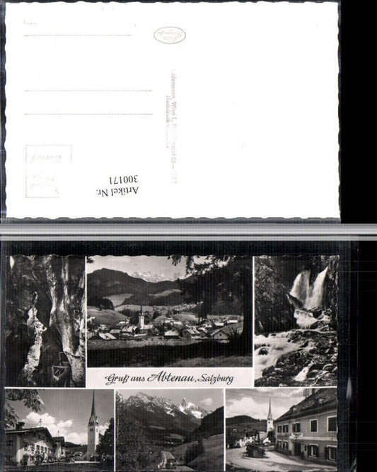 300171,Gruß aus Abtenau Totale Kirche Wasserfall Klamm Bergkulisse Mehrbildkarte