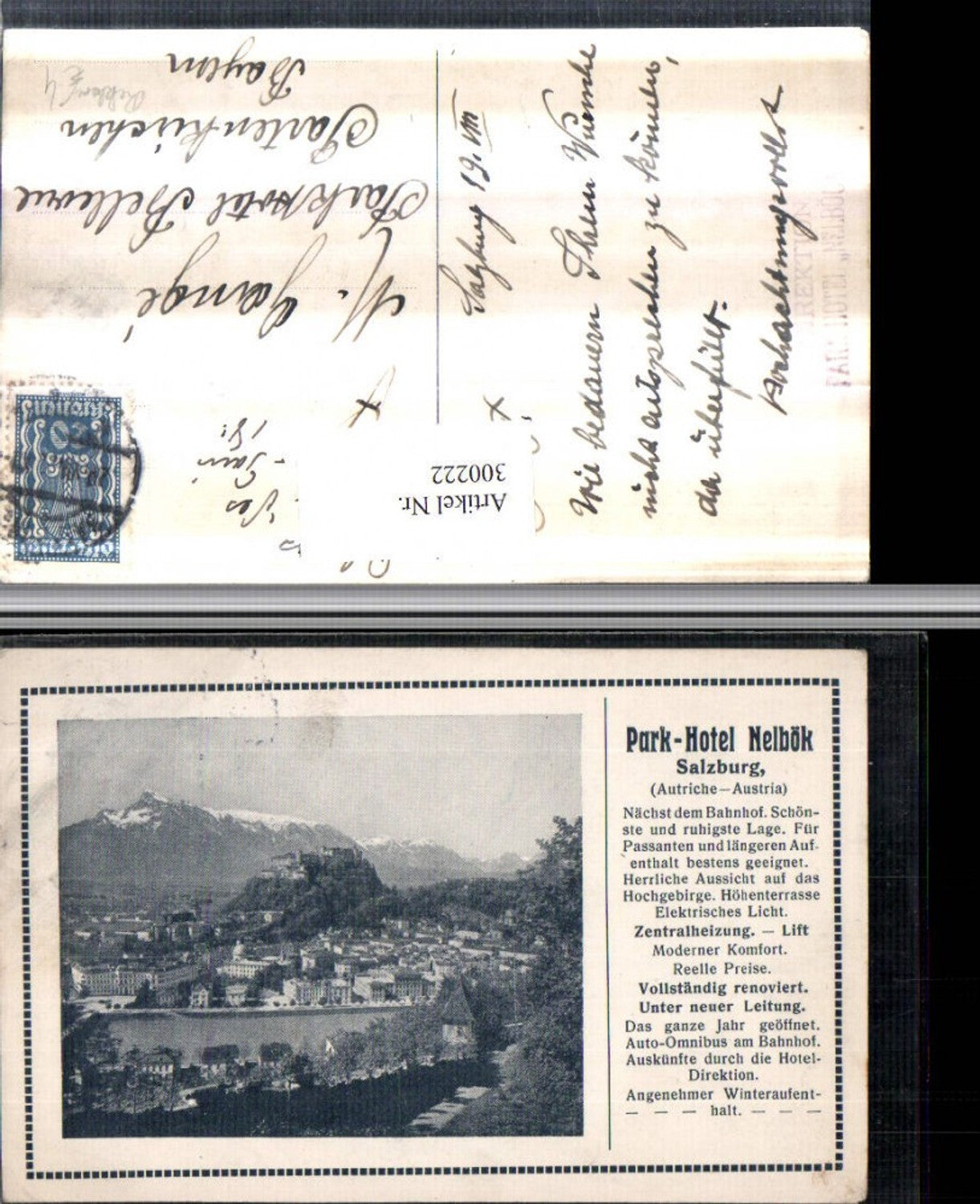 300222,Salzburg Totale m. Festung Bergkulisse Reklame Park-Hotel Nelbök Text