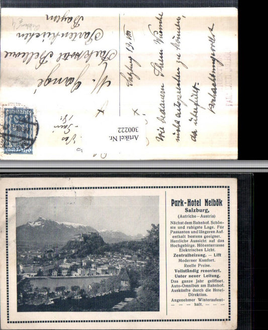 300222,Salzburg Totale m. Festung Bergkulisse Reklame Park-Hotel Nelbök Text