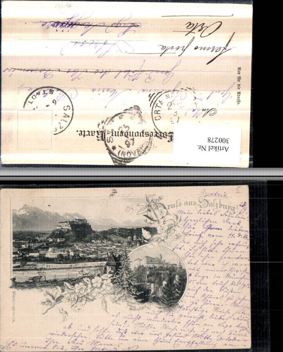 300278, Lithograph Greetings from Salzburg Total Hohensalzburg Fortress Multi-image postcard