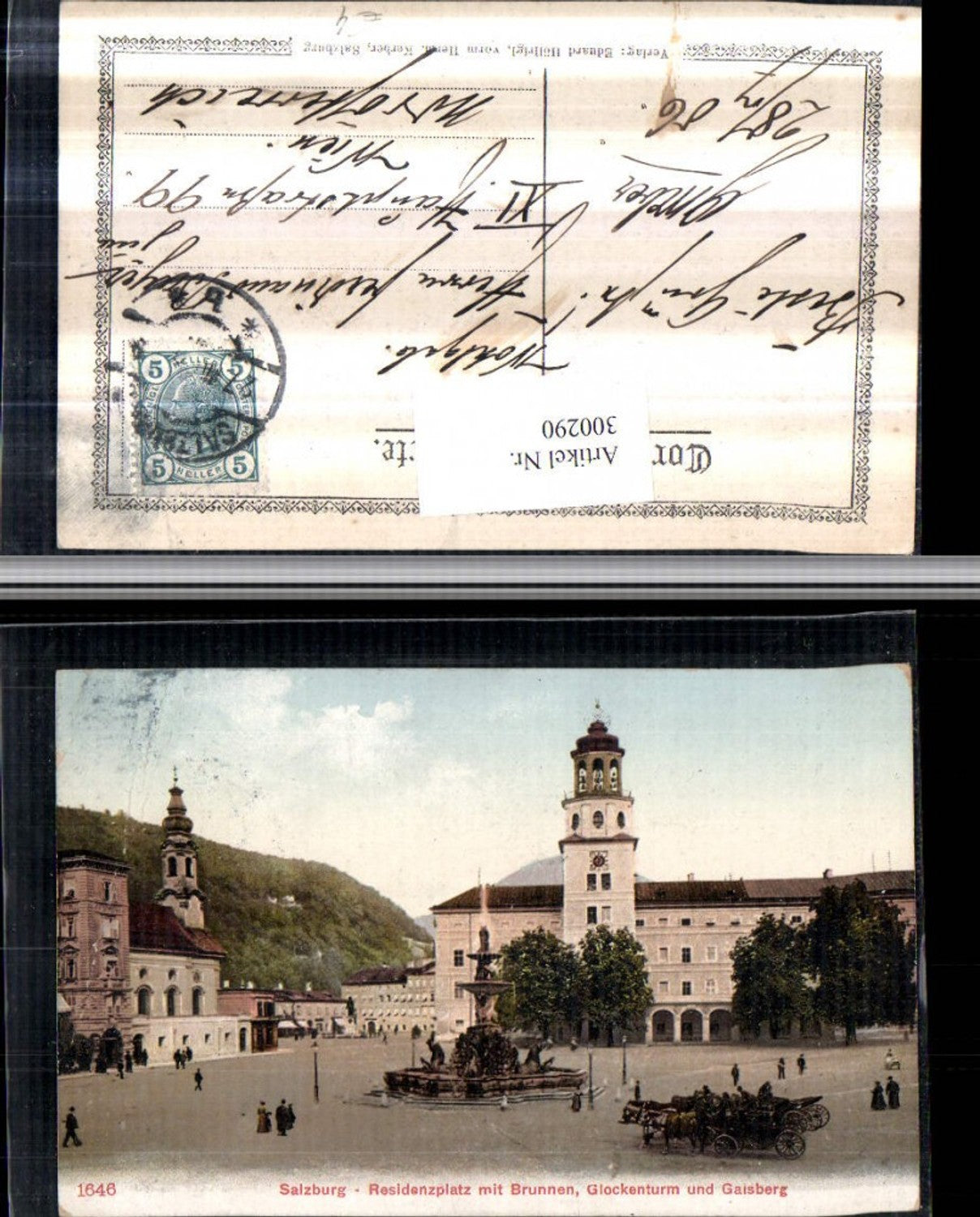 300290,Salzburg Residenzplatz m. Brunnen Glockenturm u. Gaisberg Kutschen