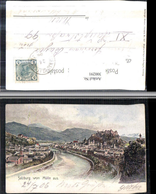 300291,Künstlr AK F. Kulstrunk Salzburg Totale m. Festung von Mülln aus Bergkulisse