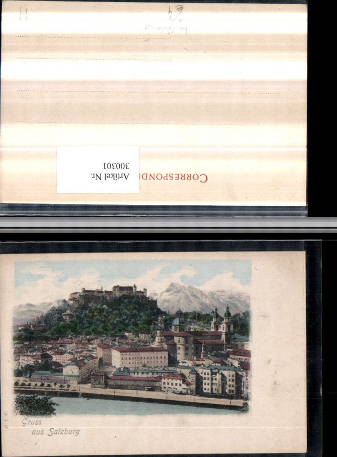 300301,Handkoloriert Gruß aus Salzburg Teilansicht Kirche Festung Bergkulisse