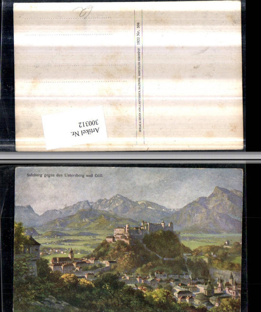 300312,Künstler AK Salzburg Teilansicht m. Festung geg. Untersberg u. Göll Bergkulisse
