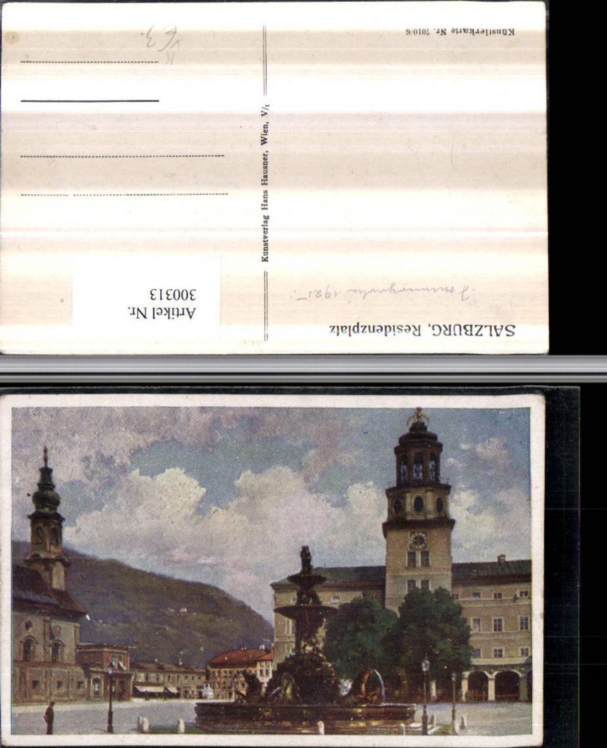 300313,Künstler AK Salzburg Residenzplatz Brunnen u. Glockenspielturm pub Hans Hausner 7010/6