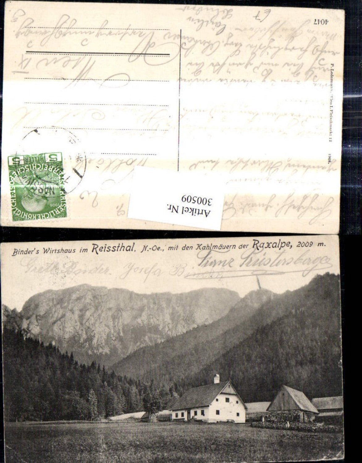 300509,Raxalpe Binders Wirtshaus i. Reißthal m. d. Kahlmäuern b. Naßwald Schwarzau