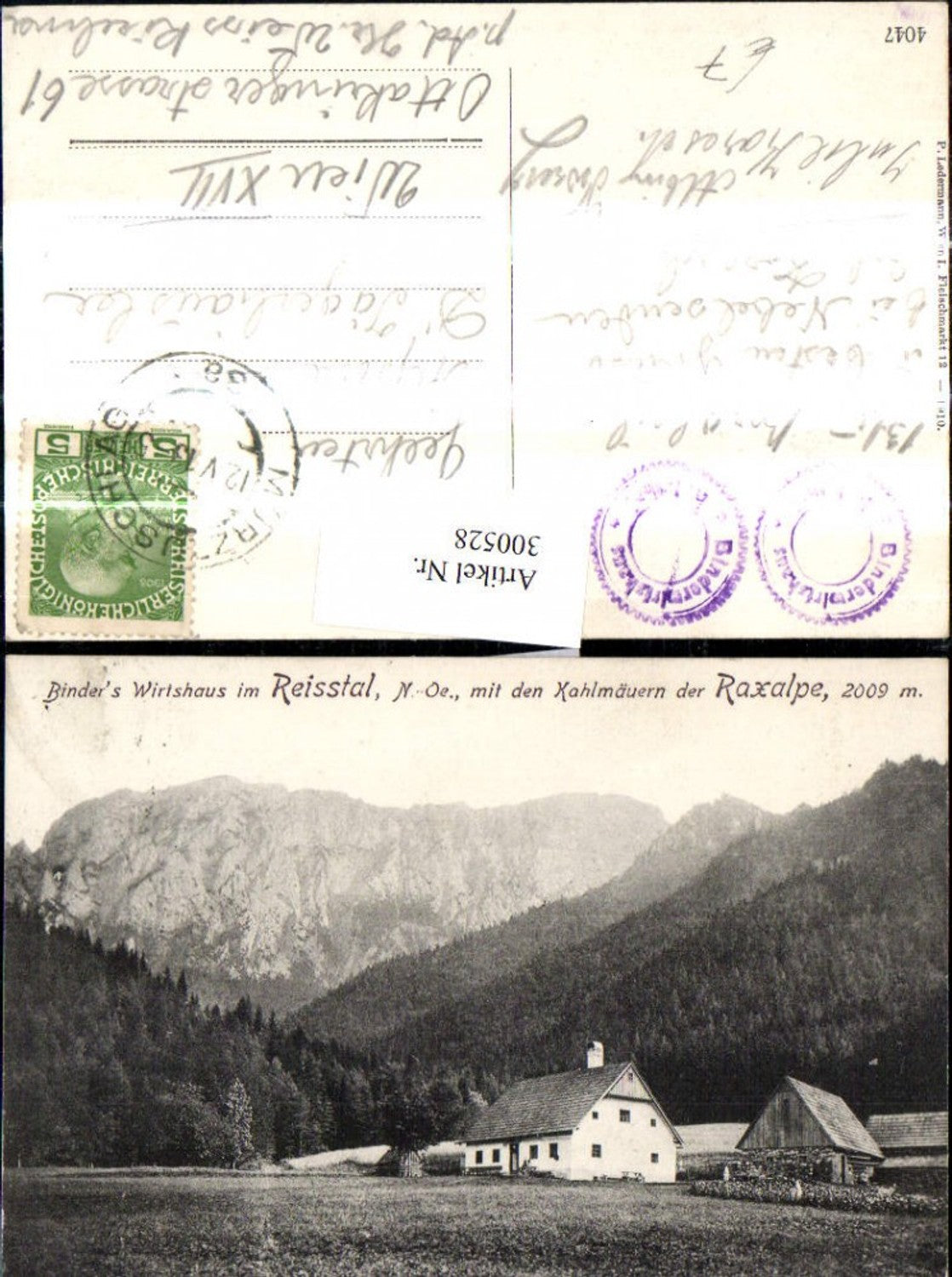 300528,Raxalpe Binders Wirtshaus i. Reißthal m. d. Kahlmäuern b. Naßwald Schwarzau
