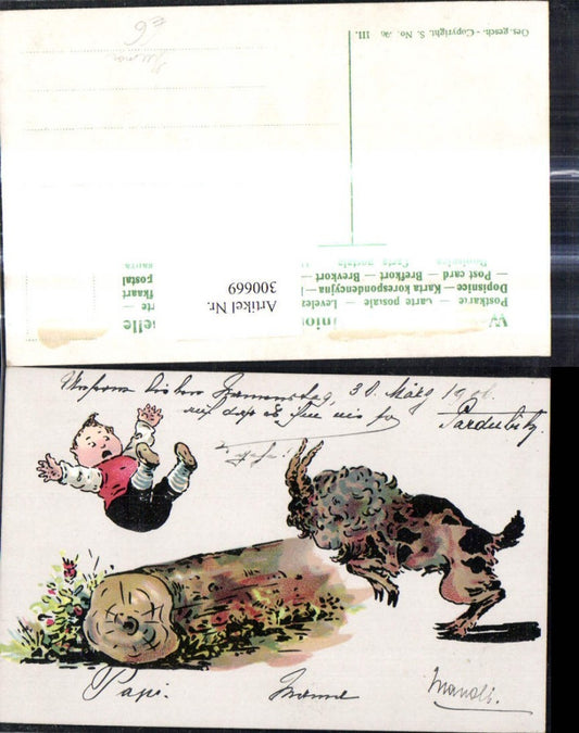 300669,Künstler Ak Bub Junge fliegt über Baumstamm Steinbock Scherz Humor